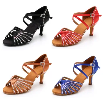 Женская обувь для Латиноамериканских танцев Со стразами, Атласные Танцевальные кроссовки Для девочек, Женская Современная обувь для бальных танцев Ча-Ча-Танго A02D7Z