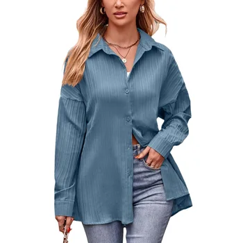 Женская осенне-зимняя новинка 2023, Повседневная двухслойная жаккардовая Свободная однотонная рубашка с длинными рукавами, блузка для женщин