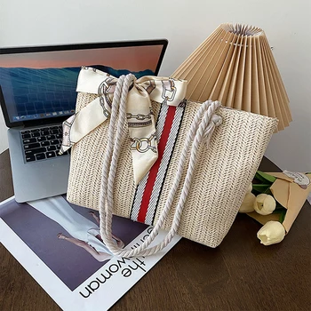 Женская соломенная сумка 1, Новая тканая сумка большой емкости в японском Стиле, модная сумка-тоут для покупок на одно плечо