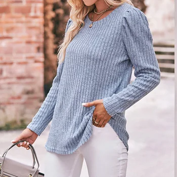 Женские осенне-зимние футболки, Тонкий вязаный свитер с длинным рукавом и круглым вырезом, пуловеры, футболки, модные однотонные повседневные свободные