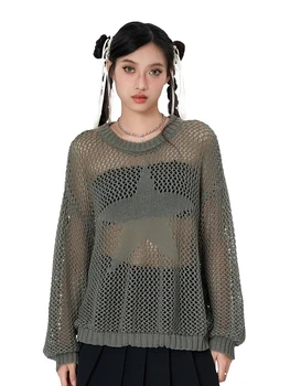 Женские топы Y2K, вязаные крючком с длинным рукавом, V-образный вырез, Открытый Свитер оверсайз, Пуловер, повседневная уличная одежда