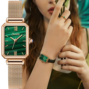 Женские часы SUNKTA, Ультратонкие Женские часы, Лучший бренд класса Люкс, Модные Прямоугольные Маленькие зеленые часы, Водонепроницаемые Кварцевые Наручные часы