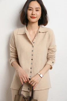 Женский Кашемировый свитер 2023, Осенне-зимний Новый Свободный Офисный Однотонный Кардиган, рубашка