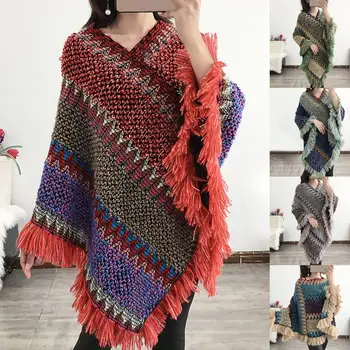 Женский свитер в богемном стиле, женская накидка, разноцветный плащ с V-образным вырезом и нерегулярным подолом, пальто, свитер Теплый