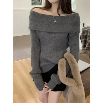 Женский трикотаж с открытыми плечами и длинным рукавом, Темпераментный Тонкий Короткий пуловер, свитер, топ