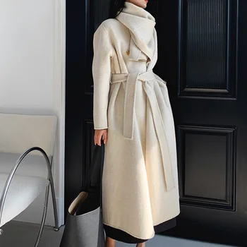 Женское пальто ручной работы, двусторонняя кашемировая длинная шерстяная куртка, Кашемировое пальто с поясом, однотонное пальто HX5745
