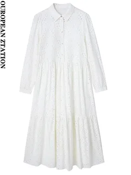 Женское платье-миди с пайетками 2023, модное платье миди с ришелье и вышивкой, винтажные женские платья с длинными рукавами и пуговицами, vestidos mujer