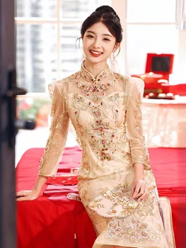 Женское Традиционное свадебное платье Ципао с блестками цвета Шампанского, расшитое бисером в современном китайском стиле