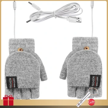 Зимние двухсторонние перчатки с USB-подогревом на полпальца, чехол для губ, Шерстяные теплые варежки без пальцев, перчатки с подогревом для катания на лыжах и рыбалки 5 В