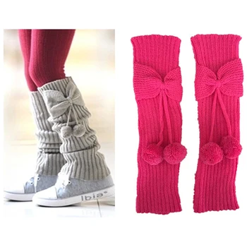 Зимние Детские Гетры с бантом для девочек, Трикотажные рукава для ног с помпонами, Модный чехол для ног, Детский наколенник
