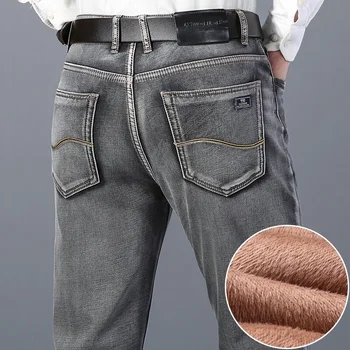 Зимние мужские теплые плотные серые джинсы Деловой моды, джинсовые брюки обычной посадки, флисовые стрейчевые брюки, мужской бренд высокого качества