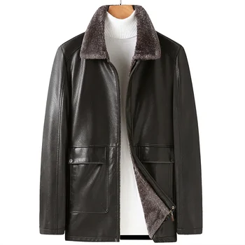 Зимняя мужская куртка из искусственной кожи с наполнителем 2024, Новые мужские деловые повседневные Классические теплые пальто из толстого флиса 4XL