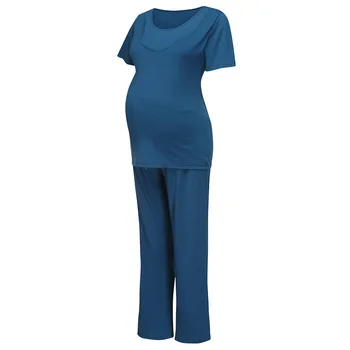 Зимняя пижама для беременных с длинным рукавом, Женская футболка для беременных и кормящих + штаны, Удобный пижамный комплект для кормления грудью из ткани