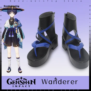 Игра Genshin Impact Wanderer для косплея, синие туфли, вечерние ботинки, Обувь из искусственной кожи, Wanderer для Косплея на Хэллоуин, обувь любого размера по индивидуальному заказу