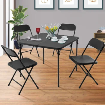 Карточный столик из смолы и набор из четырех стульев из 5 предметов, черный стол для кемпинга, складной стол для кемпинга