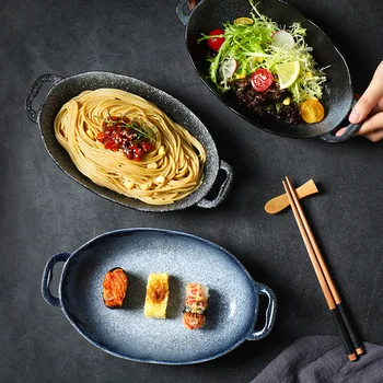 Керамический противень в японском стиле, противень для риса, запеченного с сыром, прямоугольная тарелка для ушей, посуда, поднос для рыбы, приготовленный на пару