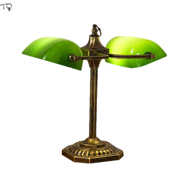 Китайские Винтажные настольные лампы в стиле Ретро в Банке, зеленый Стеклянный Абажур с двойной головкой, Домашний декор, Настольные лампы для чтения, Прикроватные тумбочки для спальни