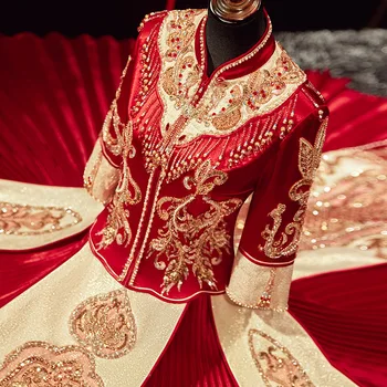 Китайский изысканный драгоценный камень, вышивка бисером, свадебное платье для пары, элегантный воротник-стойка, свадебный Чонсам Свадебное платье