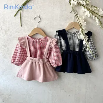 Комплект одежды для маленьких девочек 2023 г., Новые осенние рубашки в клетку с длинными рукавами для новорожденных, платье из 2 предметов, костюмы для малышей