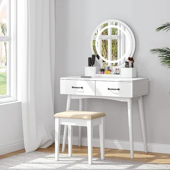Косметический столик UTEX с Круглым зеркалом и подсветкой, Белый Косметический столик, Маленький Туалетный столик с 2 выдвижными ящиками