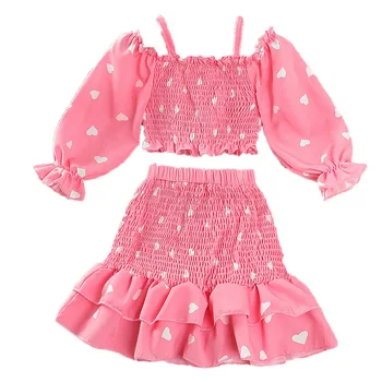 Костюм для девочек love, юбка-полукомбинезон с баской по краю, детский костюм из двух предметов