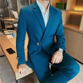 (Куртка + брюки) Мужские весенние Деловые костюмы высокого качества/Мужские приталенные Модные Повседневные офисные платья Мужские Повседневные блейзеры из 2 предметов S-4XL