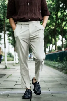 Летние мужские бежевые повседневные брюки Paris button seersucker из смесовой ткани, слегка эластичные укороченные брюки прямого кроя