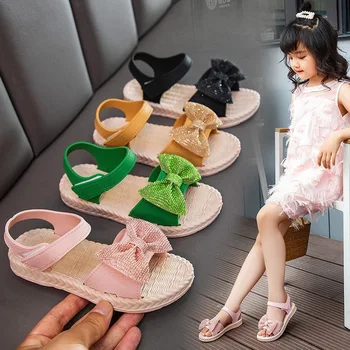 Летние Сандалии для маленьких девочек 2023, Новые Простые Розово-зеленые Детские Сандалии с Цветочным Рисунком, Мягкая Повседневная Школьная обувь для малышей
