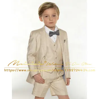 Летний костюм для мальчика, Бежевый льняной Блейзер с вырезами на лацканах, Вечерний Свадебный Смокинг, Повседневная детская одежда, Куртка, жилет для мальчиков, Короткие брюки