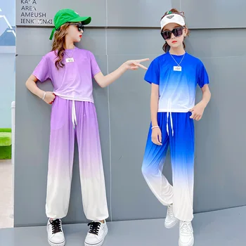 Летний модный бутик одежды для маленьких девочек, комплект из двух предметов для студенческого досуга, спортивный костюм для детей 13-14 лет