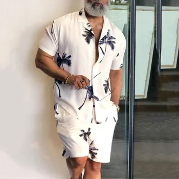 Летняя Гавайская Модная Мужская рубашка с коротким рукавом и пляжными Шортами с принтом Кокосовой пальмы, комплект мужской одежды для отпуска