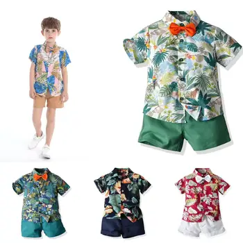 Летняя рубашка с короткими рукавами и цветочным рисунком, шорты для мальчиков, повседневная гавайская детская одежда из двух предметов, галстук-бабочка, пляжная одежда, спортивные костюмы