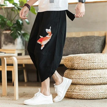 Льняные брюки с вышивкой карпа Мужские летние брюки длиной до щиколотки в китайском стиле, свободные брюки с эластичной резинкой на талии, мужские