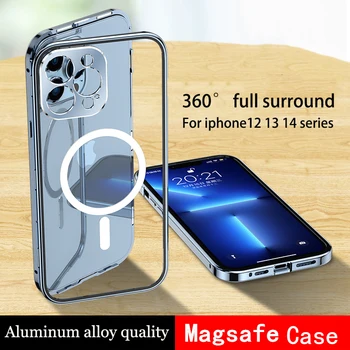 Магнитный Чехол Magsafe для iPhone 14 13 12 11 Pro Max с Полностью закрытой защитой 360 ° Из алюминиевого Сплава и Стекла, Чехол для Беспроводной зарядки