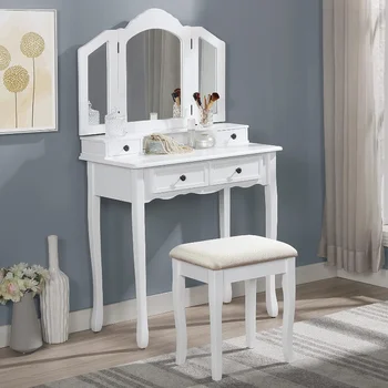 Мебель Roundhill Sanlo Деревянный туалетный столик | Набор для макияжа и табуретов | Белый