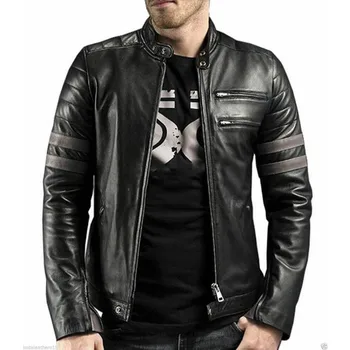 Модная мужская куртка из натуральной кожи, Тонкая черная 100% Велосипедная серая полоса, модный тренд в Европе и Америке