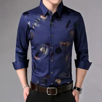 Модная мужская тонкая социальная гладкая рубашка, Весна-осень, Новый длинный рукав с принтом на пуговицах, Повседневная корейская мужская одежда, Свободный топ с цветами 2023