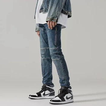 Модные уличные мужские джинсы в стиле ретро, синие эластичные облегающие байкерские джинсы с заплатками, мужские дизайнерские брюки в стиле хип-хоп на молнии