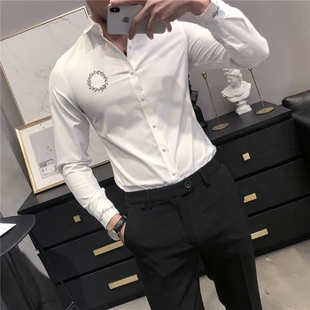 Мужская брендовая одежда, блузка, Повседневная деловая однотонная рубашка, Гармонические блузки с длинным рукавом, Модные мужские рубашки с вышивкой, Размер S-4XL