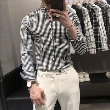 Мужская весенне-осенняя клетчатая рубашка с длинным рукавом, модная брендовая рубашка с вышивкой, приталенный красивый топ для стилиста