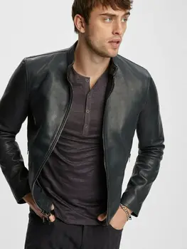 Мужская кожаная куртка из 100% овчины, черная куртка, европейский и американский модный тренд