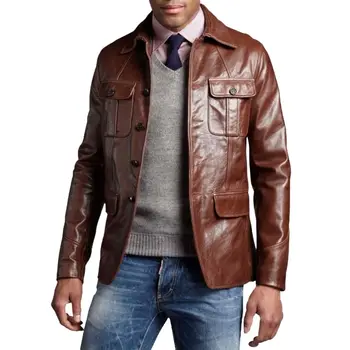Мужская куртка из натуральной мягкой кожи ягненка, коричневое пальто на пуговицах