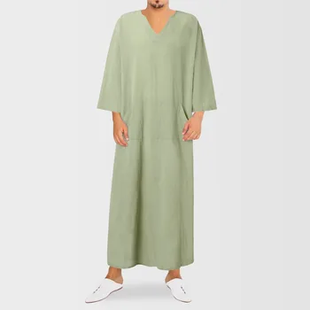 Мужская Мусульманская Модная одежда, Халат Абая Для Мужчин, Боди в этническом стиле, Свободные Мужские Халаты с V-образным вырезом и короткими рукавами