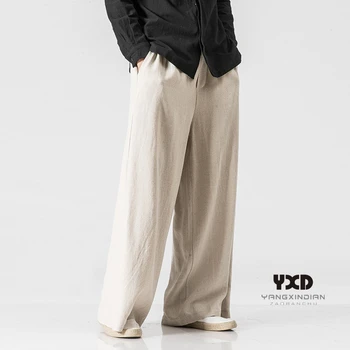 Мужская одежда, мужские винтажные свободные хлопчатобумажные льняные широкие брюки, повседневные брюки в китайском стиле, мужские брюки с расклешенной юбкой, брюки Harajuku