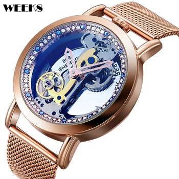 Мужские Автоматические механические часы из металла цвета розового золота с прозрачным циферблатом, мужские наручные часы с бриллиантами, мужские часы из коричневой кожи с автоподзаводом