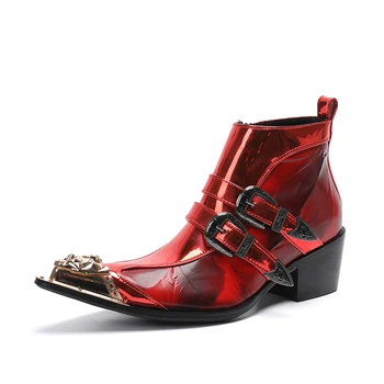 Мужские красные ботинки в западном стиле из лакированной кожи, зимние ботинки на толстом высоком каблуке для мужчин, обувь для сцены с золотым металлическим носком, обувь с пряжкой в британском стиле