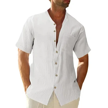 Мужские Льняные однотонные Гавайские рубашки на пуговицах с коротким рукавом, повседневная летняя Пляжная Блузка, Рубашки, Топы, мужская одежда