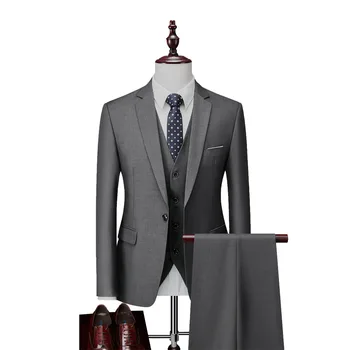 Мужской приталенный костюм, Мужской деловой повседневный костюм для Жениха, официальный комплект из трех предметов