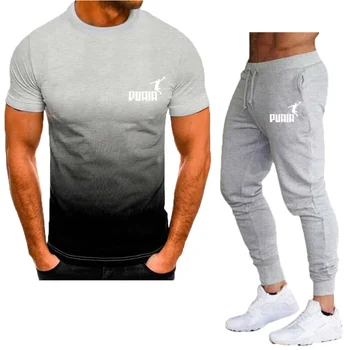 Мужской спортивный комплект, модная брендовая футболка с круглым вырезом + брюки для бега по городскому фитнесу, деловой повседневный комплект из 2 предметов