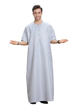Мусульманский Мужской Летний халат с короткими рукавами и круглым воротником на пуговицах, Арабский мужской халат для взрослых Длиной до щиколотки, Одежда для Рамадана Ид